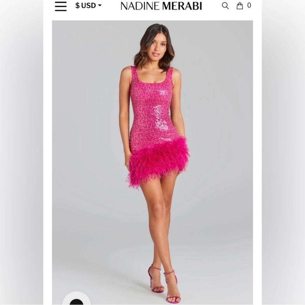 Nadine Merabi Evie beaded and feather hot pink dress - Picture 2 of 13